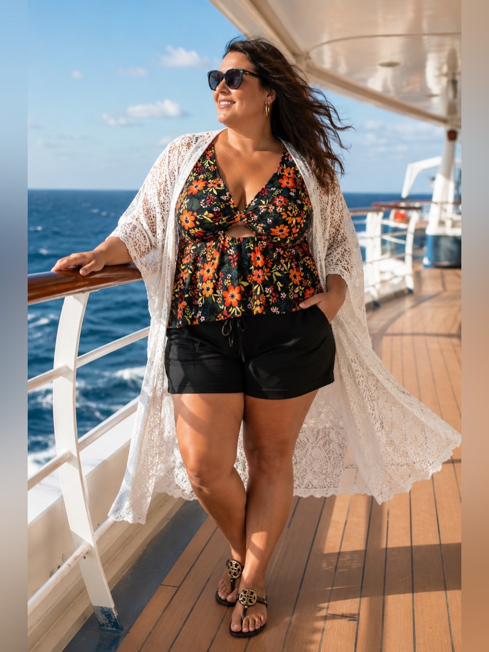 Plus Size 3X Floral Tankini Swim Top Black Orange  Boho Twist Front Swimwear